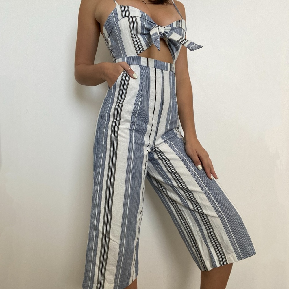 Front tie striped jumpsuit